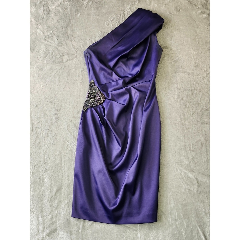 Vintage Eliza J Dress Womens Gathered Cocktail Applique Sz 4 Purple One Shoulder